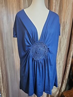 Deep Blue V-Neck Crochet Accent Women’s Top